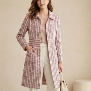 WDNY Pink Longlined Grey Tweed Button Trench Timeless Tailored Jacket SZ 8